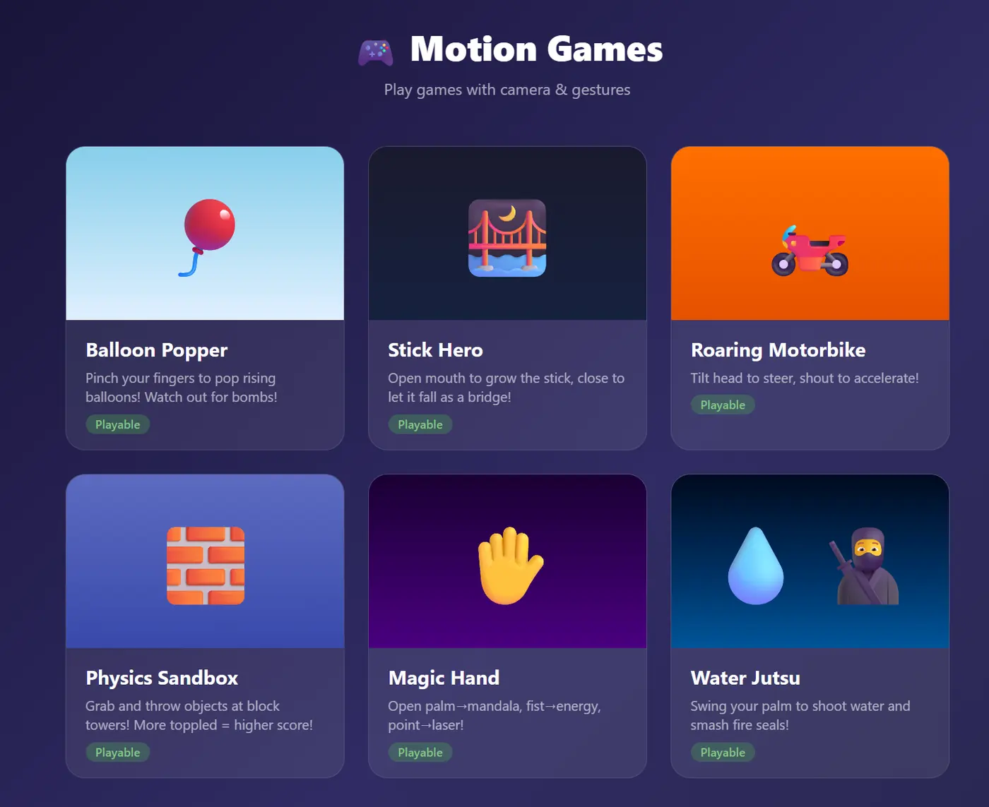 Motion Games browser game interface