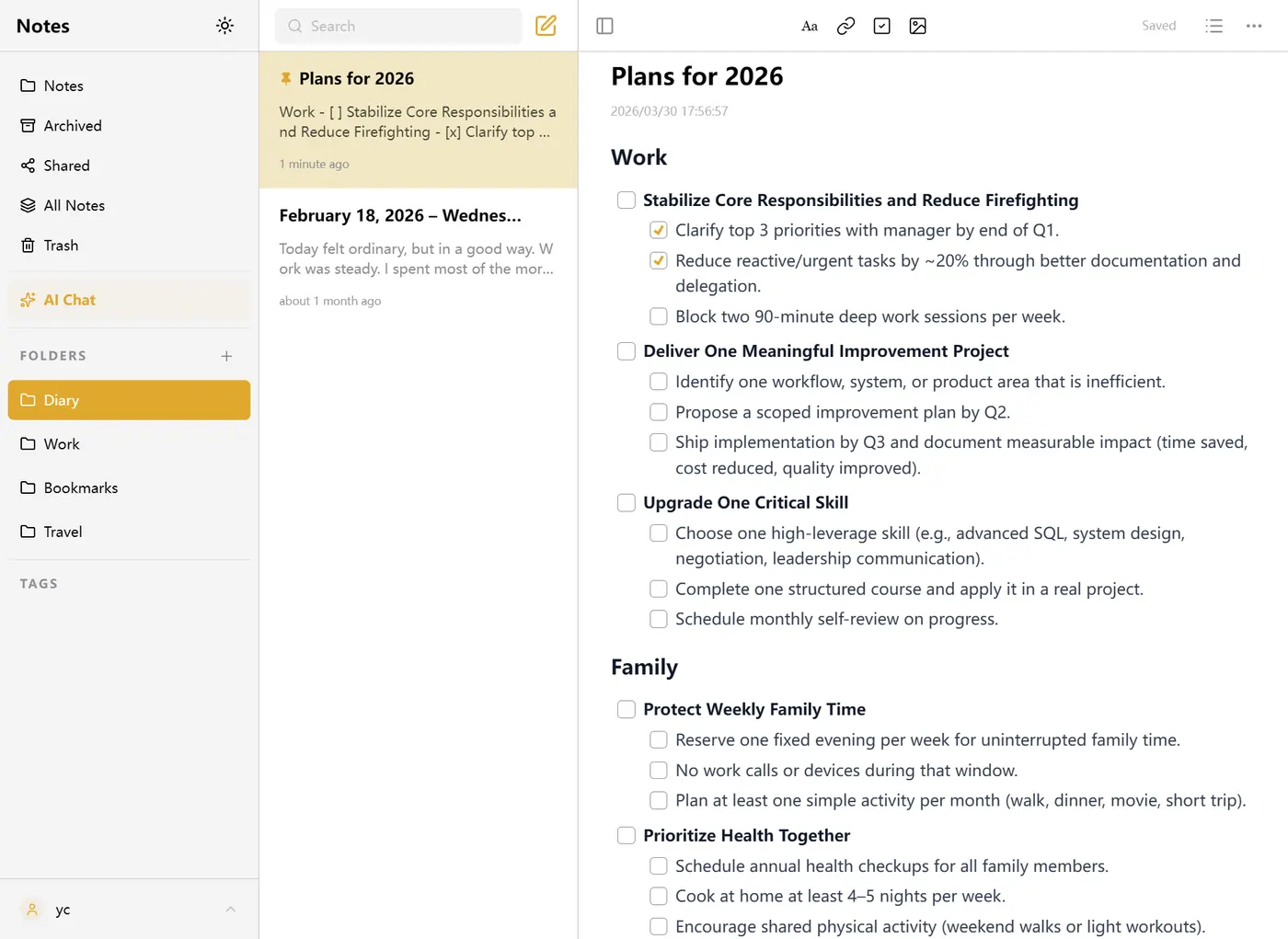 Notes rich text editor interface